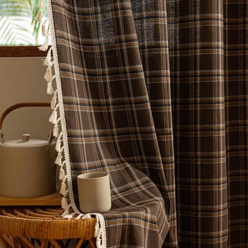 Plaid Curtains 84 Inch Length 2 Panels, Farmhouse Window Curtains Light Filtering with Tassel Trim, Rustic Tartan Drapes for Living Room Bedroom, Blue in Kuwait