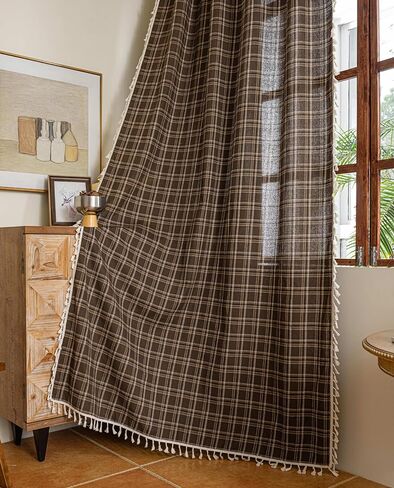 Plaid Curtains 84 Inch Length 2 Panels, Farmhouse Window Curtains Light Filtering with Tassel Trim, Rustic Tartan Drapes for Living Room Bedroom, Blue in Kuwait