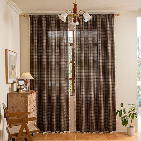 Plaid Curtains 84 Inch Length 2 Panels, Farmhouse Window Curtains Light Filtering with Tassel Trim, Rustic Tartan Drapes for Living Room Bedroom, Blue in Kuwait