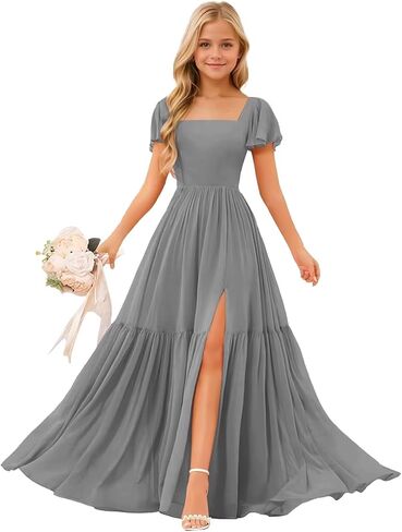 Short Sleeve Junior Bridesmaid Dresses for Wedding with Slit Chiffon Flower Girl Dress Pageant Party Gowns in Saudi Arabia