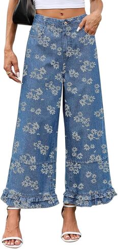 CHARTOU Women Y2k Crop Ruffle Hem Wide Leg Jeans Baggy Floral Print Patchwork Ankle Denim Pants with Pockets in Kuwait