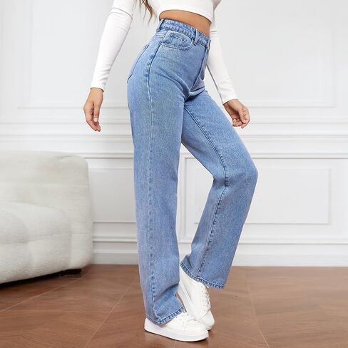 Women's Straight Leg Jeans High Waisted Wide Leg Loose Stretchy Denim Pants Baggy Jeans for Women in Kuwait