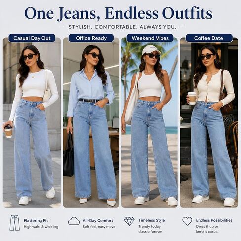 Women's Straight Leg Jeans High Waisted Wide Leg Loose Stretchy Denim Pants Baggy Jeans for Women in Kuwait