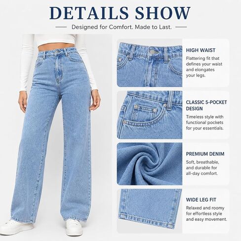 Women's Straight Leg Jeans High Waisted Wide Leg Loose Stretchy Denim Pants Baggy Jeans for Women in Kuwait