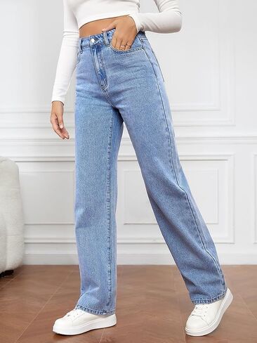 Women's Straight Leg Jeans High Waisted Wide Leg Loose Stretchy Denim Pants Baggy Jeans for Women in Kuwait