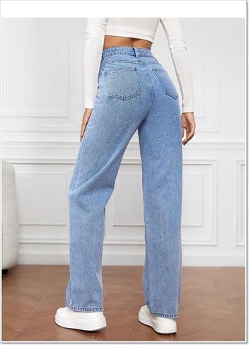 Women's Straight Leg Jeans High Waisted Wide Leg Loose Stretchy Denim Pants Baggy Jeans for Women in Kuwait