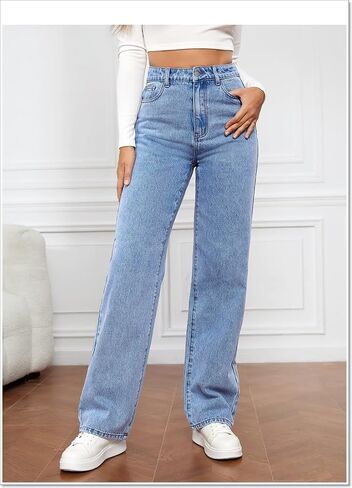 Women's Straight Leg Jeans High Waisted Wide Leg Loose Stretchy Denim Pants Baggy Jeans for Women in Kuwait