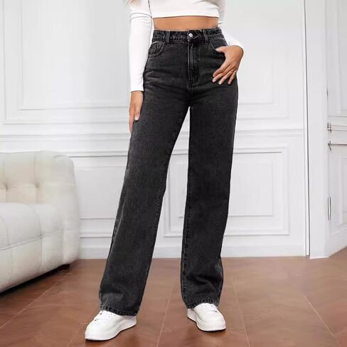 Women's Straight Leg Jeans High Waisted Wide Leg Loose Stretchy Denim Pants Baggy Jeans for Women in Kuwait