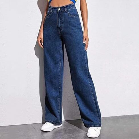 Women's Straight Leg Jeans High Waisted Wide Leg Loose Stretchy Denim Pants Baggy Jeans for Women in Kuwait
