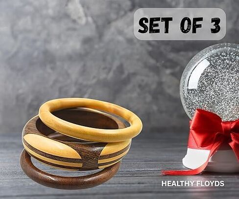 Handmade Dual Color Natural Wooden Bangle Set (3 Pieces) for Women | Natural Wood Joint Bangles Christmas Gift Jewelry for Her | Eco-Friendly Artisan Crafted Gift in Saudi Arabia