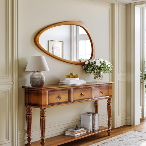 Mid Century Modern Mirror, 28x48 Inch Irregular Wall Mirror, Asymmetrical Wall Mirrors with Pine Wooden Frame for Living Room Bedroom Bathroom Entryway Hangs Horizontally or Vertically in Saudi Arabia