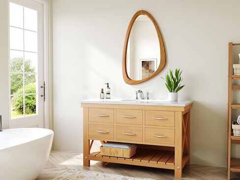 Mid Century Modern Mirror, 28x48 Inch Irregular Wall Mirror, Asymmetrical Wall Mirrors with Pine Wooden Frame for Living Room Bedroom Bathroom Entryway Hangs Horizontally or Vertically in Saudi Arabia