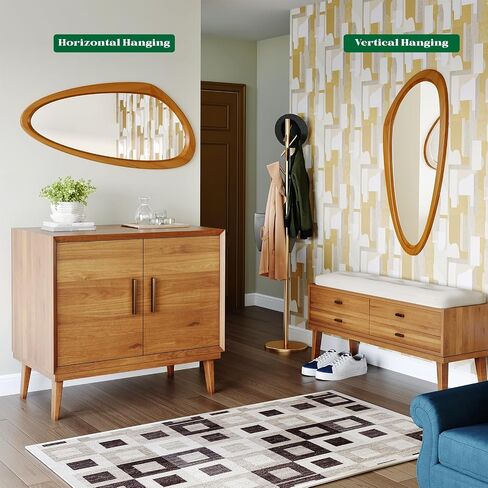 Mid Century Modern Mirror, 28x48 Inch Irregular Wall Mirror, Asymmetrical Wall Mirrors with Pine Wooden Frame for Living Room Bedroom Bathroom Entryway Hangs Horizontally or Vertically in Saudi Arabia