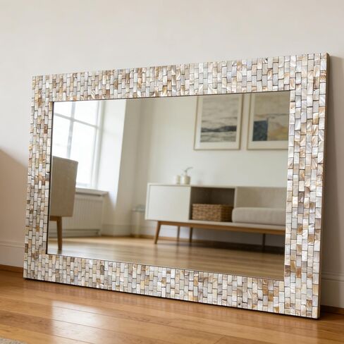 Chende Rectangular Capiz Shell Mirror for Wall Decor, 47"x32" Creamy Ivory Handcrafted Large Wall Mirror with Mosaic Frame for Bathroom, Entrance, Dining Room, Horizontal/Vertical, Tempered Glass in Saudi Arabia