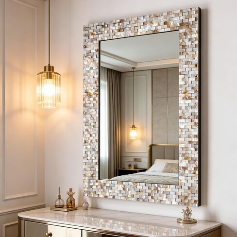 Chende Rectangular Capiz Shell Mirror for Wall Decor, 47"x32" Creamy Ivory Handcrafted Large Wall Mirror with Mosaic Frame for Bathroom, Entrance, Dining Room, Horizontal/Vertical, Tempered Glass in Saudi Arabia