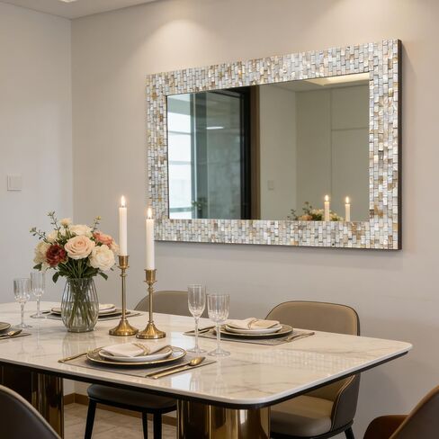 Chende Rectangular Capiz Shell Mirror for Wall Decor, 47"x32" Creamy Ivory Handcrafted Large Wall Mirror with Mosaic Frame for Bathroom, Entrance, Dining Room, Horizontal/Vertical, Tempered Glass in Saudi Arabia