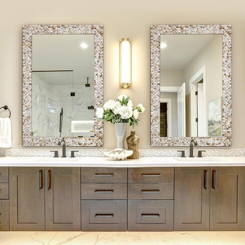 Chende Rectangular Capiz Shell Mirror for Wall Decor, 47"x32" Creamy Ivory Handcrafted Large Wall Mirror with Mosaic Frame for Bathroom, Entrance, Dining Room, Horizontal/Vertical, Tempered Glass in Saudi Arabia
