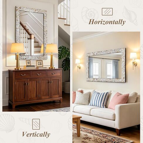 Chende Rectangular Capiz Shell Mirror for Wall Decor, 47"x32" Creamy Ivory Handcrafted Large Wall Mirror with Mosaic Frame for Bathroom, Entrance, Dining Room, Horizontal/Vertical, Tempered Glass in Saudi Arabia