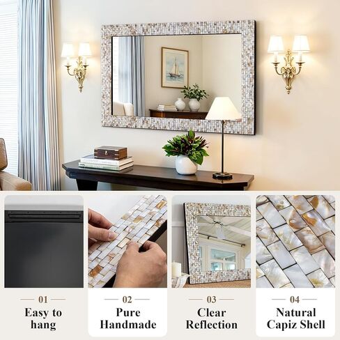 Chende Rectangular Capiz Shell Mirror for Wall Decor, 47"x32" Creamy Ivory Handcrafted Large Wall Mirror with Mosaic Frame for Bathroom, Entrance, Dining Room, Horizontal/Vertical, Tempered Glass in Saudi Arabia