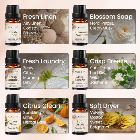 Auelife Laundry Essential Oils Set for Dryer Balls, 6x10ml Diffuser Oil | Home Fragrance for Laundry Room, Candle & Soap Making with Fresh Linen, Blossom Soap, Crisp Breeze, Soft Dryer, Citrus in Saudi Arabia