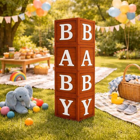 Rustic Wood-Look Baby Letter Boxes – 4 Large 10.6″ Cubes for Baby Shower, Gender Reveal & Nursery Décor in Saudi Arabia