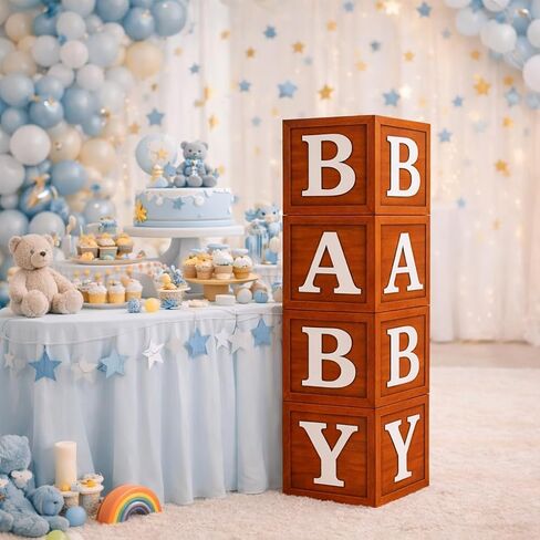 Rustic Wood-Look Baby Letter Boxes – 4 Large 10.6″ Cubes for Baby Shower, Gender Reveal & Nursery Décor in Saudi Arabia