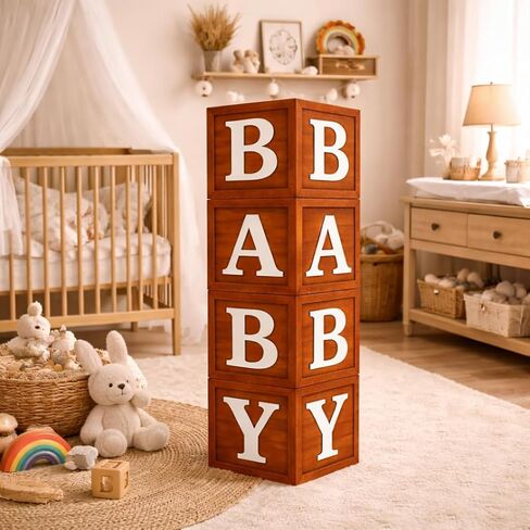 Rustic Wood-Look Baby Letter Boxes – 4 Large 10.6″ Cubes for Baby Shower, Gender Reveal & Nursery Décor in Saudi Arabia