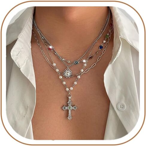 MODRSA 4pcs Silver Stacked Layered Necklaces for Women Pendant Silver Chain Chunky Cross Colorful Rhinestone Y Long Necklace Pearl Adjustable Boho Jewelry Vacation Accessories Trendy Gifts for Women in Kuwait