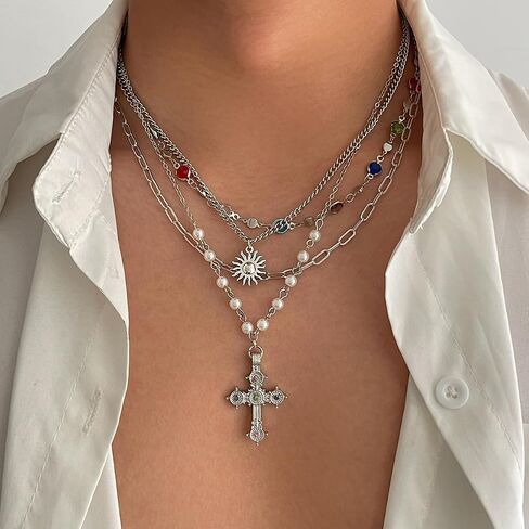 MODRSA 4pcs Silver Stacked Layered Necklaces for Women Pendant Silver Chain Chunky Cross Colorful Rhinestone Y Long Necklace Pearl Adjustable Boho Jewelry Vacation Accessories Trendy Gifts for Women in Kuwait