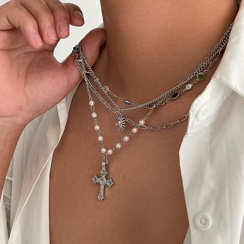 MODRSA 4pcs Silver Stacked Layered Necklaces for Women Pendant Silver Chain Chunky Cross Colorful Rhinestone Y Long Necklace Pearl Adjustable Boho Jewelry Vacation Accessories Trendy Gifts for Women in Kuwait