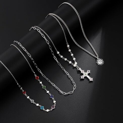 MODRSA 4pcs Silver Stacked Layered Necklaces for Women Pendant Silver Chain Chunky Cross Colorful Rhinestone Y Long Necklace Pearl Adjustable Boho Jewelry Vacation Accessories Trendy Gifts for Women in Kuwait