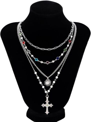 MODRSA 4pcs Silver Stacked Layered Necklaces for Women Pendant Silver Chain Chunky Cross Colorful Rhinestone Y Long Necklace Pearl Adjustable Boho Jewelry Vacation Accessories Trendy Gifts for Women in Kuwait
