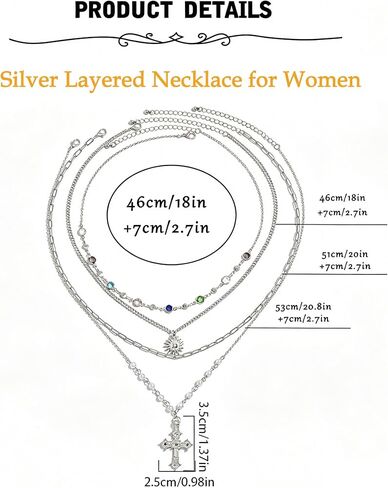 MODRSA 4pcs Silver Stacked Layered Necklaces for Women Pendant Silver Chain Chunky Cross Colorful Rhinestone Y Long Necklace Pearl Adjustable Boho Jewelry Vacation Accessories Trendy Gifts for Women in Kuwait