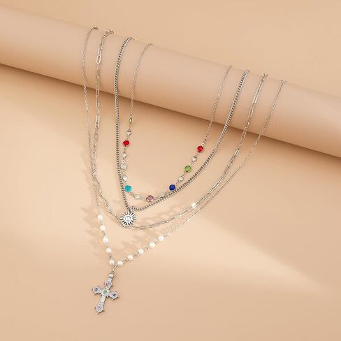 MODRSA 4pcs Silver Stacked Layered Necklaces for Women Pendant Silver Chain Chunky Cross Colorful Rhinestone Y Long Necklace Pearl Adjustable Boho Jewelry Vacation Accessories Trendy Gifts for Women in Kuwait