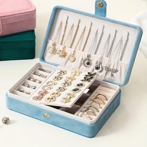 Velvet Jewelry Organizer Single Layer with Necklace Hooks and Ring Slots, Travel Jewelry Box for Necklaces Rings Earrings, Blue in Kuwait