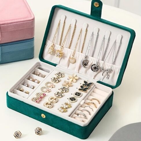 Velvet Jewelry Organizer Single Layer with Necklace Hooks and Ring Slots, Travel Jewelry Box for Necklaces Rings Earrings, Blue in Kuwait