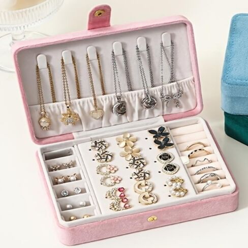 Velvet Jewelry Organizer Single Layer with Necklace Hooks and Ring Slots, Travel Jewelry Box for Necklaces Rings Earrings, Blue in Kuwait