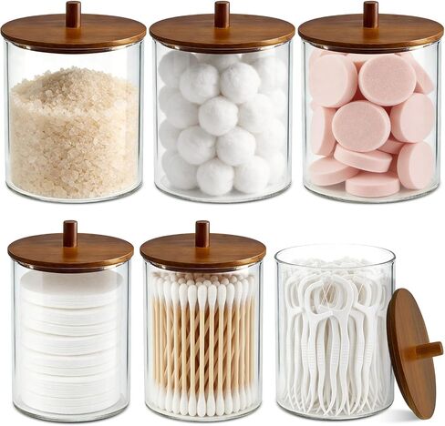 Glass Qtip Holder Dispenser Set - 15oz & 10oz Cotton Swab Holder with Acacia Wooden Lids, Bathroom Canisters Apothecary Jar Vanity Storage Organizer for Cotton Balls, Floss Picks (2 Pack) in Saudi Arabia