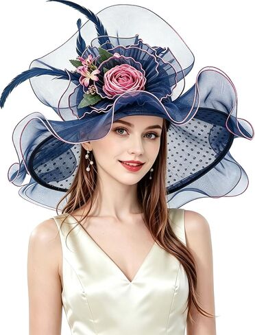Women Derby Church Hat Organza Flower Wedding Tea Party Fascinator Hat Wide Brim Sun Hat in Kuwait