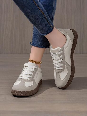 Women's Casual Retro Sneakers Low Top Lace-Up Suede Trim Lightweight Comfortable Non-Slip Flat Shoes for Daily Walking in Kuwait