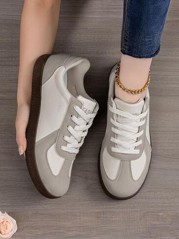 Women's Casual Retro Sneakers Low Top Lace-Up Suede Trim Lightweight Comfortable Non-Slip Flat Shoes for Daily Walking in Kuwait