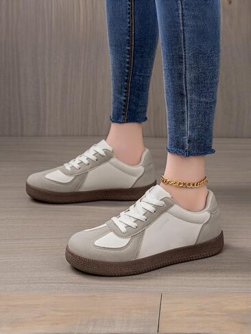 Women's Casual Retro Sneakers Low Top Lace-Up Suede Trim Lightweight Comfortable Non-Slip Flat Shoes for Daily Walking in Kuwait