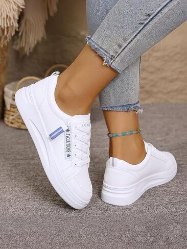 Women’s Platform Sneakers Casual PU Leather Lace-Up Skate Shoes with Zipper Detail in Kuwait