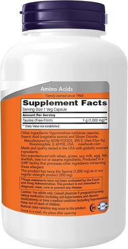 NOW Foods Supplements, Taurine 1,000 mg, Double Strength, Nervous System Health*, 200 Veg Capsules in Saudi Arabia