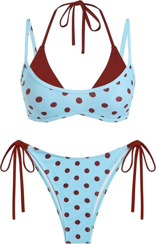 ZAFUL Women's Polka Dot Bikini Set Double Layer Halter Swimsuit Colorblock Side Tie 2 Piece Bathing Suit in Kuwait