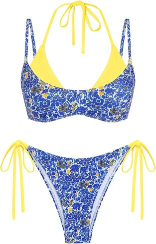 ZAFUL Women's Polka Dot Bikini Set Double Layer Halter Swimsuit Colorblock Side Tie 2 Piece Bathing Suit 6-Blue Floral Yellow M in Kuwait