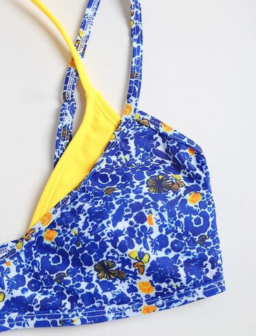 ZAFUL Women's Polka Dot Bikini Set Double Layer Halter Swimsuit Colorblock Side Tie 2 Piece Bathing Suit 6-Blue Floral Yellow M in Kuwait