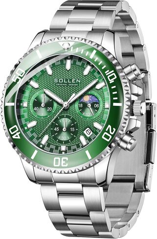 Men's Green Chronograph Watch, Analog Quartz Watch with Moon Phase and Date Display, Stainless Steel Dress Watch for Men, Business Casual Water-Resistant Men's Watch 42.5mm in Saudi Arabia