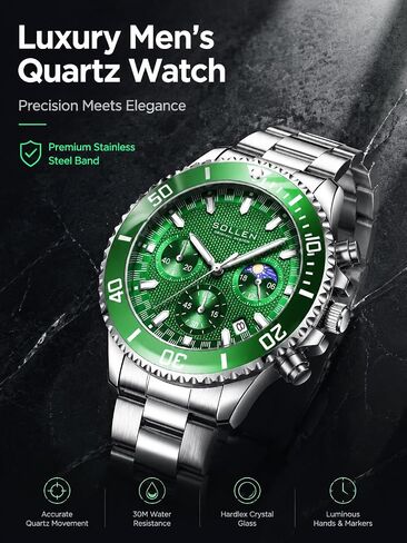 Men's Green Chronograph Watch, Analog Quartz Watch with Moon Phase and Date Display, Stainless Steel Dress Watch for Men, Business Casual Water-Resistant Men's Watch 42.5mm in Saudi Arabia