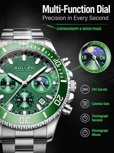 Men's Green Chronograph Watch, Analog Quartz Watch with Moon Phase and Date Display, Stainless Steel Dress Watch for Men, Business Casual Water-Resistant Men's Watch 42.5mm in Saudi Arabia